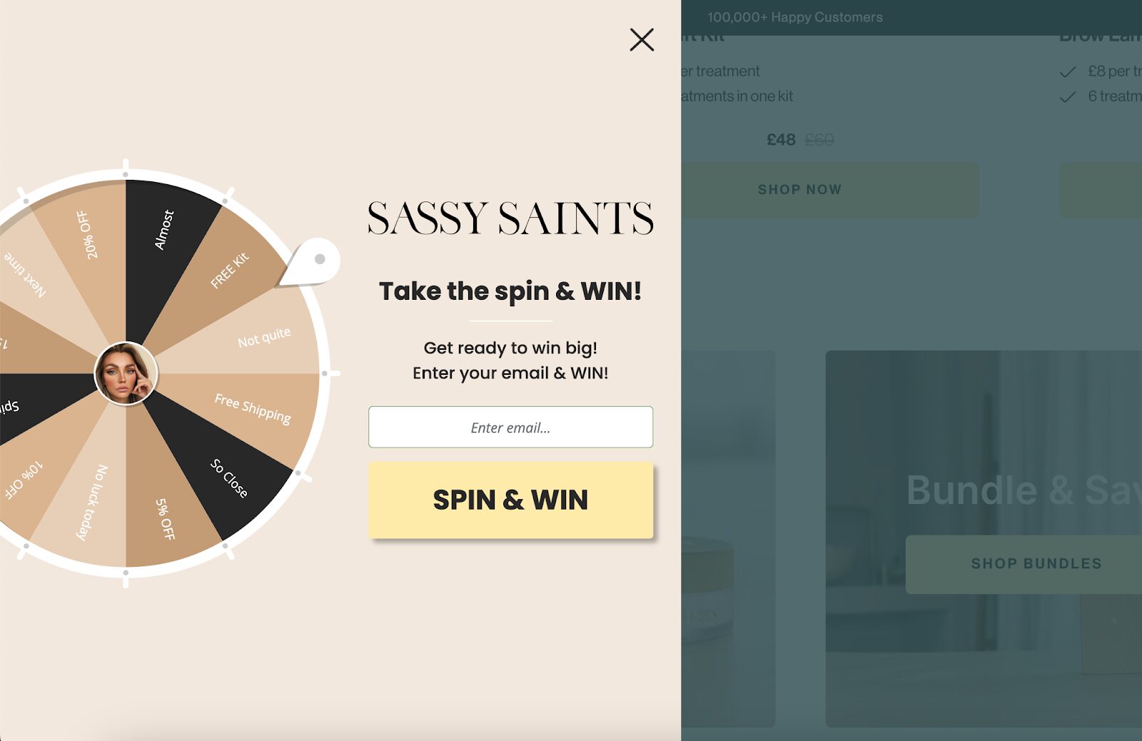 Sassy Saints’ spin-to-win popup lets visitors spin for prizes like free kits or 5-10% discounts.