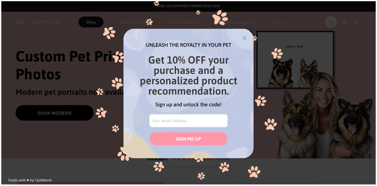 Crown & Paw's segmentation popup helps to engage customers