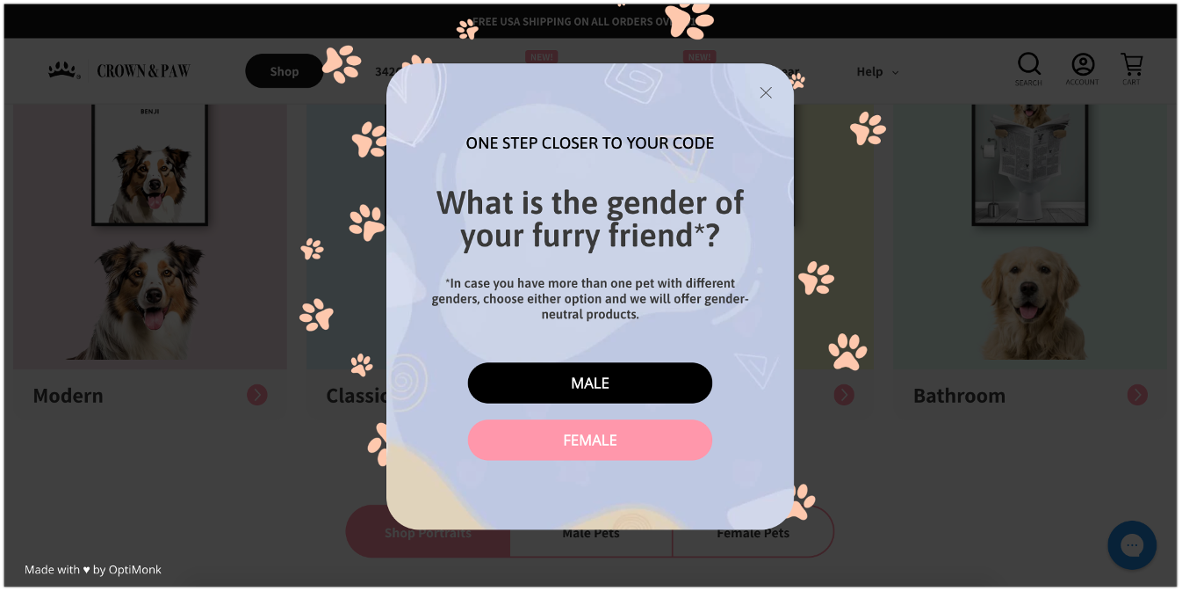 Crown & Paw's segmentation popup helps to engage new customers