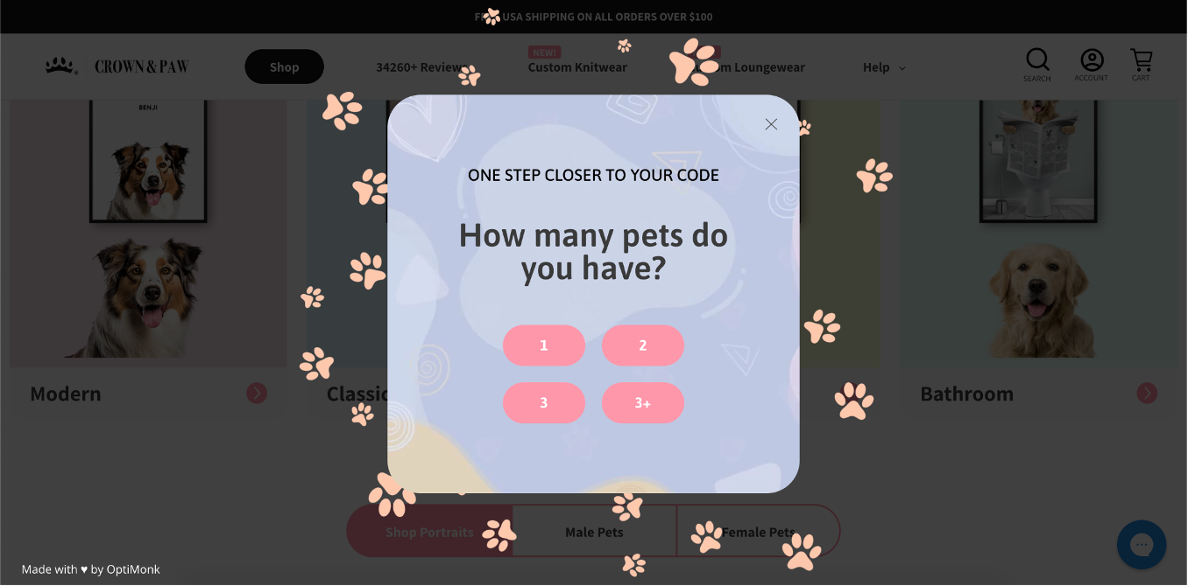 Crown & Paw's segmentation popup helps to engage new customers