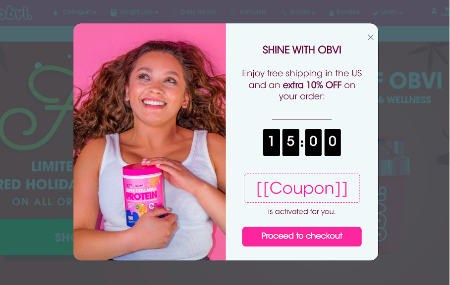 An Obvi cart abandonment popup